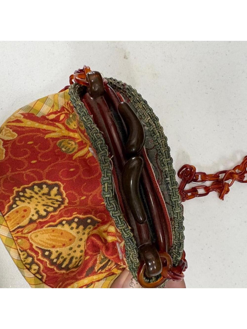 Vintage Handmade Fabric Purse Red Yellow Floral Pattern Tortoiseshell Chain - Picture 6 of 7